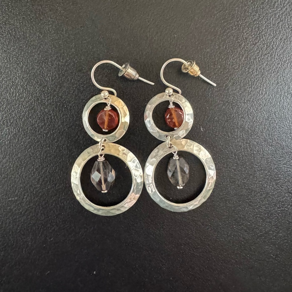 Vintage Sterling Silver Hammered Hoop Earrings with Amber and Smokey Quartz - Picture 4 of 4
